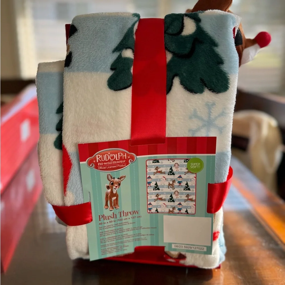 Rudolph the Red Nose Red Deer Travel Blanket with Plush.